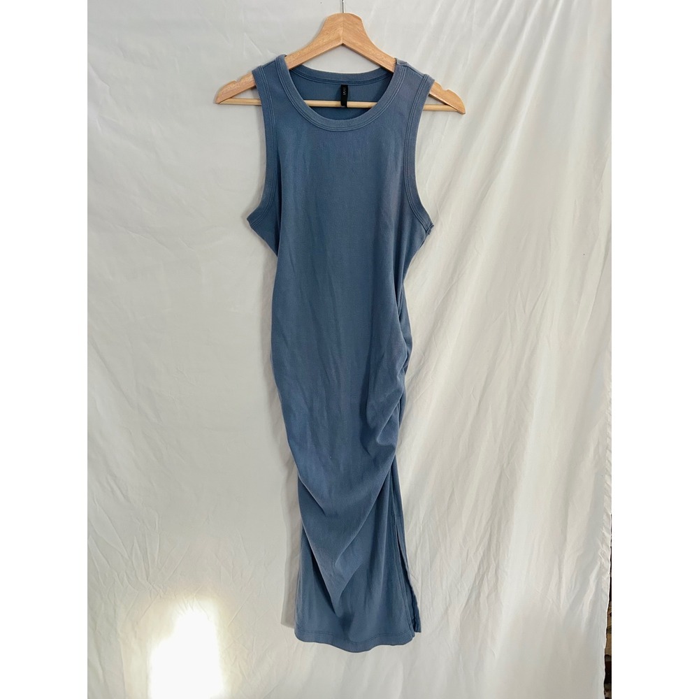 SAVVI Blue Ribbed Ruched Tank Maxi Dress Women's XL Side Slit Casual